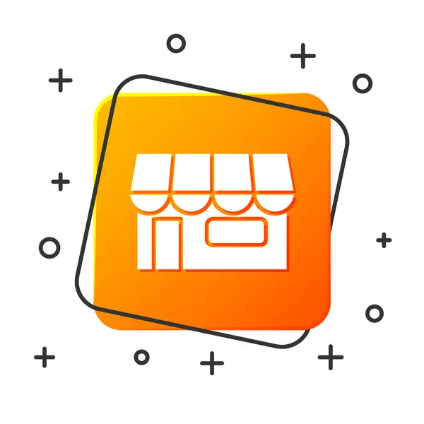 Wit winkel gebouw of markt winkel icoon geïsoleerd op witte achtergrond. Winkel bouw. Oranje vierkante knop. Vector illustratie — Stockvector