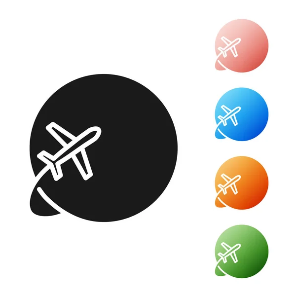 Globo Negro con icono de avión volador aislado sobre fondo blanco. El avión vuela alrededor del planeta tierra. Icono del mundo de los aviones. Establecer iconos de colores. Ilustración vectorial — Vector de stock