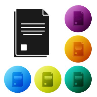 Siyah dosya belge simgesi beyaz arka planda yalıtılmış. Kontrol listesi simgesi. İş konsepti. Simgeler renkli daire düğmelerini ayarlayın. Vektör Illustration