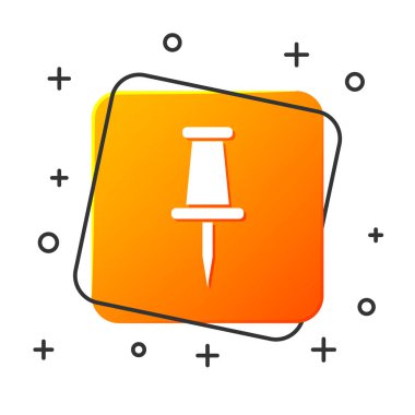 Beyaz arka planda yalıtılmış beyaz Push pin simgesi. Parmak izleri işareti. Turuncu kare düğmesi. Vektör Illustration