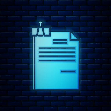 Parlayan Neon dosya belge ve bağlayıcı klip simgesi tuğla duvar arka planda izole. Kontrol listesi simgesi. İş konsepti. Vektör Illustration