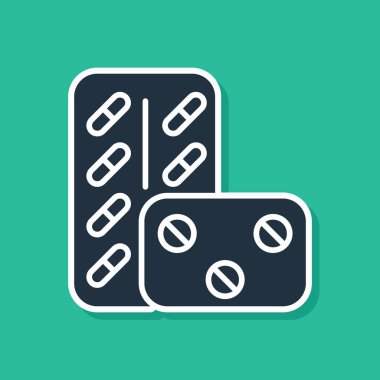 Mavi Pills blister paketi simgesi yeşil arka planda izole. Tablet için tıbbi ilaç paketi: vitamin, antibiyotik, aspirin. Vektör Illustration