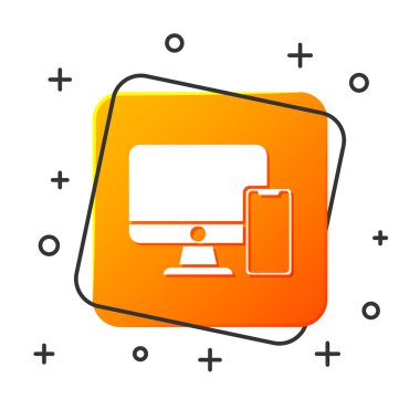 Beyaz bilgisayar monitörü ve beyaz arka planda izole cep telefonu simgesi. Internet, pazarlama kazançlar. Turuncu kare düğmesi. Vektör Illustration