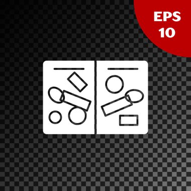 Beyaz pasaport sayfaları, şeffaf koyu arka planda izole vize damgaları simgesi. Özel vize pulları ile yabancı pasaport açıldı. Seyahat konsepti. Vektör Illustration