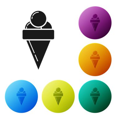 Beyaz arka planda izole gözleme koni simgesinde siyah dondurma. Tatlı sembolü. Simgeler renkli daire düğmelerini ayarlayın. Vektör Illustration