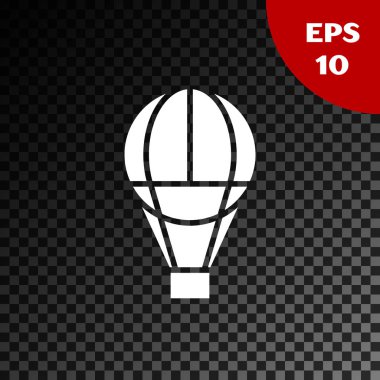 Beyaz sıcak hava balonu simgesi şeffaf koyu arka planda izole. Seyahat için hava taşımacılığı. Vektör Illustration