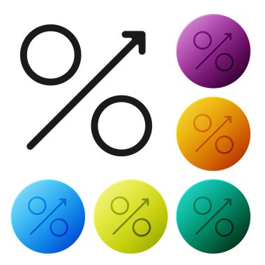 Siyah yüzde yukarı ok simgesi beyaz arka planda yalıtılmış. Yüzde işaretini artırıyor. Simgeler renkli daire düğmelerini ayarlayın. Vektör Illustration