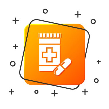 Beyaz tıp şişe ve hap simgesi beyaz arka planda izole. Şişe hap işareti. Eczane tasarımı. Turuncu kare düğmesi. Vektör Illustration