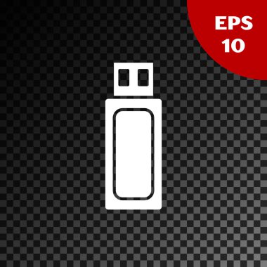 Beyaz USB flash sürücü simgesi şeffaf koyu arka planda yalıtılmış. Vektör Illustration