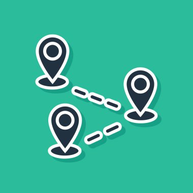 Mavi rota konumu simgesi yeşil arka planda yalıtılmış. Harita işaretçisi işareti. Yol veya yol kavramı. GPS navigasyon cihazı. Vektör Illustration