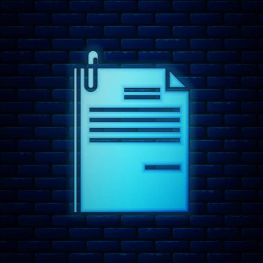 Parlayan Neon dosya belgesi ve kağıt klip simgesi tuğla duvar arka planda izole. Kontrol listesi simgesi. İş konsepti. Vektör Illustration