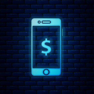 Tuğla duvar arka planda izole dolar sembolü simgesi ile parlayan Neon smartphone. Online alışveriş konsepti. Mali cep telefonu simgesi. Online ödeme. Vektör Illustration