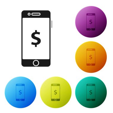 Siyah Smartphone dolar sembol simgesi beyaz arka planda izole. Online alışveriş konsepti. Mali cep telefonu simgesi. Online ödeme. Simgeler renkli daire düğmelerini ayarlayın. Vektör Illustration