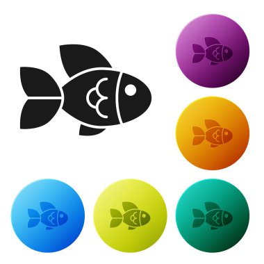 Siyah balık simgesi beyaz arka planda izole. Simgeler renkli daire düğmelerini ayarlayın. Vektör Illustration