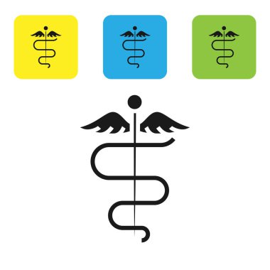 Siyah caduceus yılan tıbbi sembol simgesi beyaz arka planda izole. Tıp ve sağlık hizmetleri. Eczane veya Tıp, eczacılık için amblemi. Set simgeleri renkli kare düğmeler. Vektör Illustration