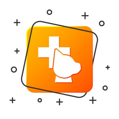 Beyaz Veteriner Kliniği sembol simgesi beyaz arka planda izole edilmiştir. Köpek veteriner bakımı ile çapraz. Pet Ilk yardım işareti. Turuncu kare düğmesi. Vektör Illustration