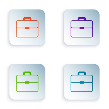 Beyaz arka planda izole renkli evrak çantası simgesi. İş davası işareti. İş portföyü. Renkli kare düğmeleri simgeleri ayarlayın. Vektör Illustration