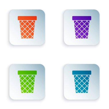 Renkli çöp kutusu beyaz arka planda yalıtılmış simgesi olabilir. Çöp kutusu işareti. Sepet simgesini geri dönüştürün. Office çöp kutusu simgesi. Renkli kare düğmeleri simgeleri ayarlayın. Vektör Illustration