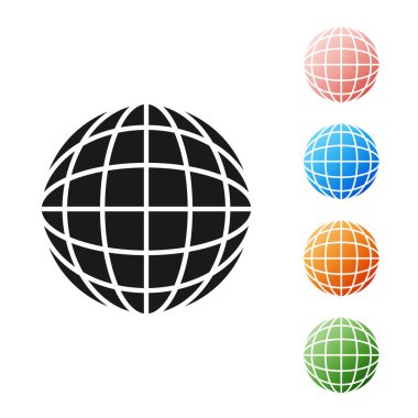 Siyah toprak küre simgesi beyaz arka planda izole. Dünya veya dünya tabelası. Küresel internet sembolü. Geometrik şekiller. Simgeler renkli ayarlayın. Vektör Illustration
