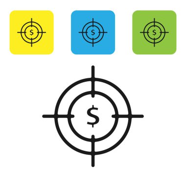 Siyah hedef dolar sembol simgesi beyaz arka planda izole. Yatırım hedef simgesi. Başarılı iş konsepti. Nakit veya para işareti. Set simgeleri renkli kare düğmeler. Vektör Illustration