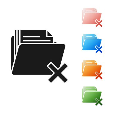 Siyah beyaz arka planda yalıtılmış klasör simgesini silin. Geri dönüşüm kutusu içeren klasör. Sil veya hata klasörü. Bilgisayar bilgileri klasörünü kapatın. Simgeler renkli ayarlayın. Vektör Illustration