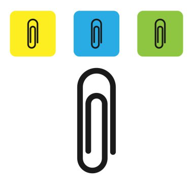 Siyah kağıt klip simgesi beyaz arka planda yalıtılmış. Set simgeleri renkli kare düğmeler. Vektör Illustration