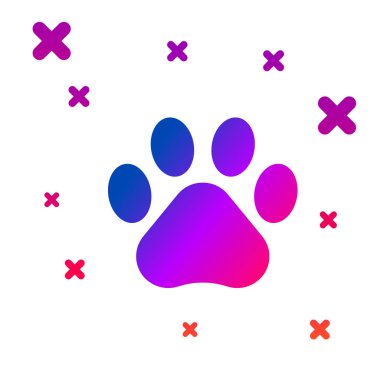 Beyaz arka planda izole renkli Paw yazdırma simgesi. Köpek veya kedi pençe baskı. Hayvan parkuru. Degrade rasgele dinamik şekiller. Vektör Illustration