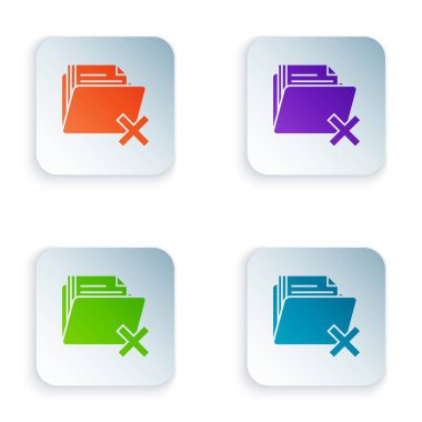 Beyaz arka planda izole klasör simgesini renk silin. Geri dönüşüm kutusu içeren klasör. Sil veya hata klasörü. Bilgisayar bilgileri klasörünü kapatın. Renkli kare düğmeleri simgeleri ayarlayın. Vektör Illustration