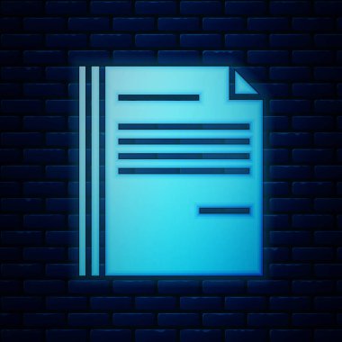 Parlayan neon dosya belgesi simgesi tuğla duvar arka planında izole edildi. Kontrol listesi simgesi. İş konsepti. Vektör İllüstrasyonu