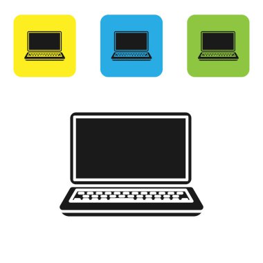Siyah Laptop simgesi beyaz arka planda izole. Boş ekran tabelası olan bilgisayar Defter. Set simgeleri renkli kare düğmeler. Vektör Illustration