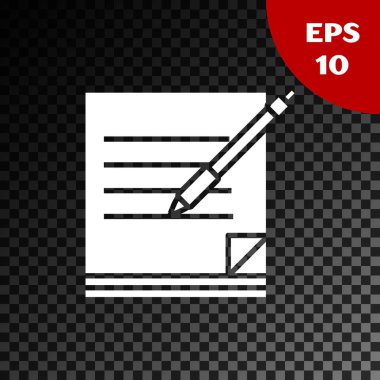 Beyaz boş Notebook ve kalem simgesi şeffaf koyu arka planda yalıtılmış. Kağıt ve kalem. Vektör Illustration