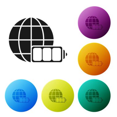 Siyah pil şarj seviyesi göstergesi toprak küre simgesi beyaz arka planda izole. Dünya veya dünya tabelası. Simgeler renkli daire düğmelerini ayarlayın. Vektör Illustration