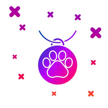 Beyaz arka planda izole isim etiketi simgesi ile renkli yaka. Ev hayvanı için sarf malzemeleri. Köpek veya kedi pençe baskı. Kedi ve köpek bakımı. Pet zincirleri. Degrade rasgele dinamik şekiller. Vektör Illustration