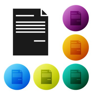 Siyah belge simgesi beyaz arka planda yalıtılmış. Dosya simgesi. Kontrol listesi simgesi. İş konsepti. Simgeler renkli daire düğmelerini ayarlayın. Vektör Illustration