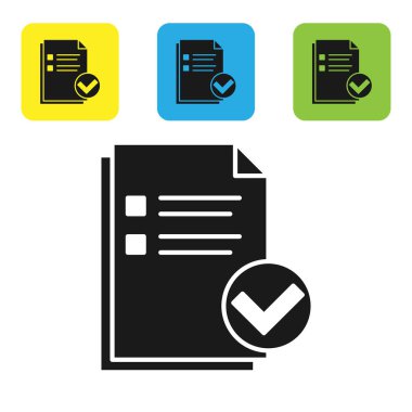 Siyah belge ve onay işareti simgesi beyaz arka planda yalıtılmış. Kontrol listesi simgesi. İş konsepti. Set simgeleri renkli kare düğmeler. Vektör Illustration