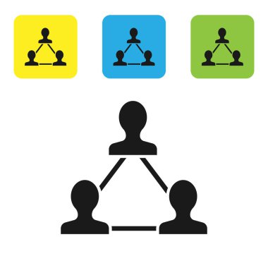 Siyah proje takım tabanı simgesi beyaz arka planda yalıtılmış. İş Analizi ve planlama, danışmanlık, takım çalışmaları, proje yönetimi. Geliştiriciler. Set simgeleri renkli kare düğmeler. Vektör Illustration