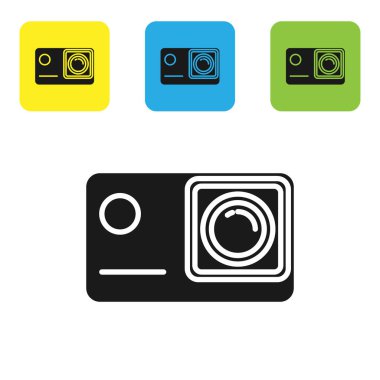 Siyah eylem aşırı kamera simgesi beyaz arka planda izole. Aşırı spor filme için video kamera ekipmanları. Set simgeleri renkli kare düğmeler. Vektör Illustration