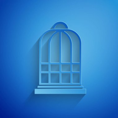 Kağıt kesme Cage kuşlar simgesi mavi arka planda izole. Kağıt sanatı tarzı. Vektör Illustration
