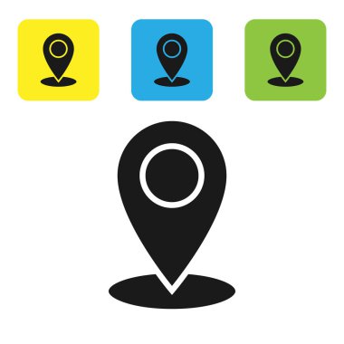 Siyah harita pin simgesi beyaz arka planda yalıtılmış. Navigasyon, işaretçi, konum, harita, GPS, yön, yer, pusula, iletişim, arama kavramı. Set simgeleri renkli kare düğmeler. Vektör Illustration