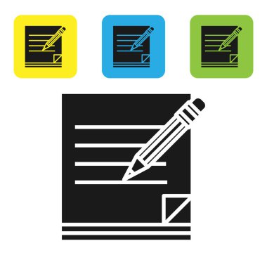 Siyah boş Notebook ve kalem beyaz arka planda izole silgi simgesi ile. Kağıt ve kalem. Set simgeleri renkli kare düğmeler. Vektör Illustration