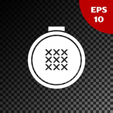 Şeffaf koyu arka planda izole beyaz yuvarlak ayarlanabilir nakış çember simgesi. Nakış için iplik ve iğne. Vektör Illustration