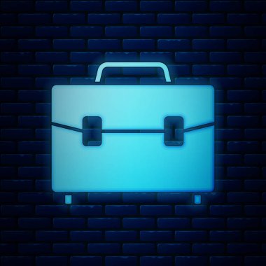 Parlayan neon çanta simgesi tuğla duvar arkasında izole edildi. İş ilanı. İş portföyü. Vektör İllüstrasyonu