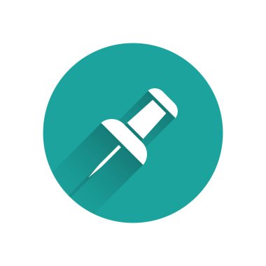 Beyaz itme iğne simgesi uzun gölgeli. Raptiye işareti. Yeşil daire düğmesi. Vektör İllüstrasyonu