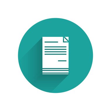 Beyaz Belge simgesi uzun gölge ile yalıtılmış. Dosya simgesi. Kontrol listesi simgesi. İş konsepti. Yeşil daire düğmesi. Vektör Illustration