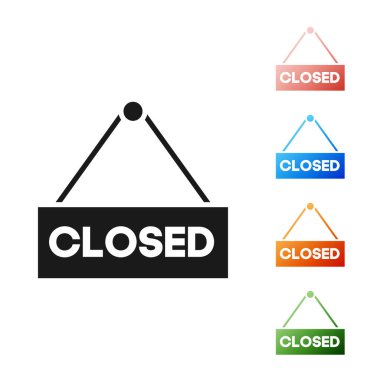 Siyah asılı işareti metin beyaz arka planda yalıtılmış kapalı simgesi. Kafe veya restoran için iş teması. Simgeler renkli ayarlayın. Vektör Illustration