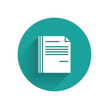 Beyaz Dosya belgesi simgesi uzun gölgede izole edildi. Kontrol listesi simgesi. İş konsepti. Yeşil daire düğmesi. Vektör İllüstrasyonu