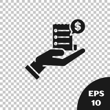 Siyah ınsan el, şeffaf arka planda izole ödeme simgesi için boş makbuzu veya fatura ile tutarak. Bankacılık ve işletme işlemleri. Vektör Illustration