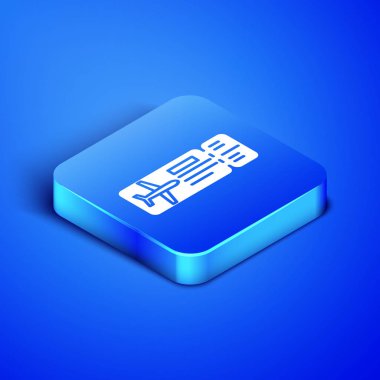 Mavi arka planda yalıtılmış izometrik havayolu bilet simgesi. Uçak bileti. Mavi kare düğmesi. Vektör Illustration