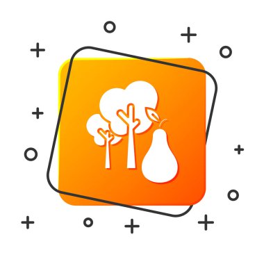 Beyaz Ağaç, armut simgesiyle beyazın arka planında izole edilmiştir. Tarım fabrikası. Organik çiftlik ürünü. Bahçe teması. Turuncu kare düğmesi. Vektör Illustration