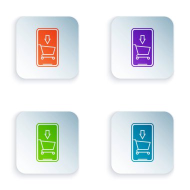 Beyaz arka planda izole renkli cep telefonu ve alışveriş sepeti simgesi. Online satın alma sembolü. Süpermarket sepeti sembolü. Renkli kare düğmeleri simgeleri ayarlayın. Vektör Illustration